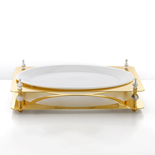 HM4113-G Oval Sweet Tray – Luxurious Gold Finish with White Ceramic Plate – 43cm (L) × 32cm (W) × 8cm (H)