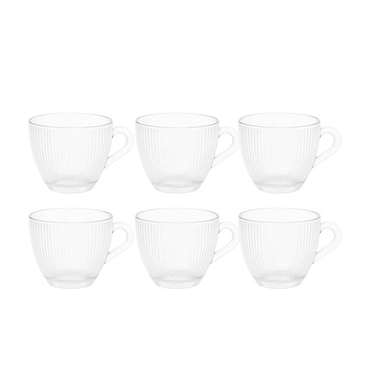 SD-44598-P – Glass Coffee Cup – 6-Piece Set – Clear Ribbed Tea Cups with Handle