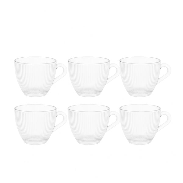 SD-44598-P – Glass Coffee Cup – 6-Piece Set – Clear Ribbed Tea Cups with Handle