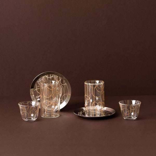 GT1114 Tea & Cawa Cup Set – 18-Piece – Elegant Clear Glass Design with Gold Abstract Motif for Arabic Serving