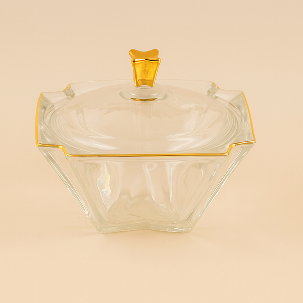 Glass Bowl with Lid and Gold Trim – 18 cm Diameter – DM605
