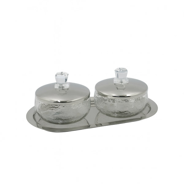 SBTC281 Steel Oval Tray with 2 Glass Bowls – Silver with Crystal Knob Lids