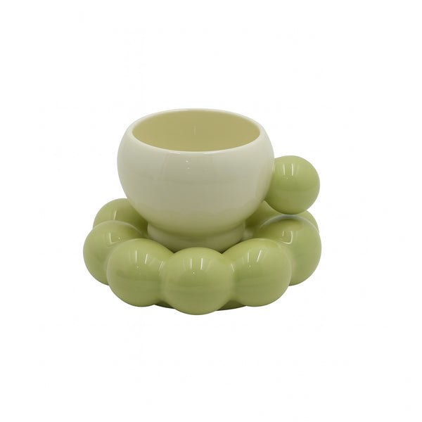 1512-11 Ceramic Mug & Saucer  – Minimalist Cream & Green Bubble Handle