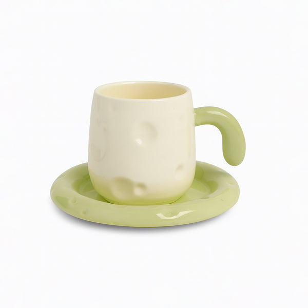 1512-14 Ceramic Mug & Saucer – 260ml – Cream & Green Embossed Design with Curved Handle