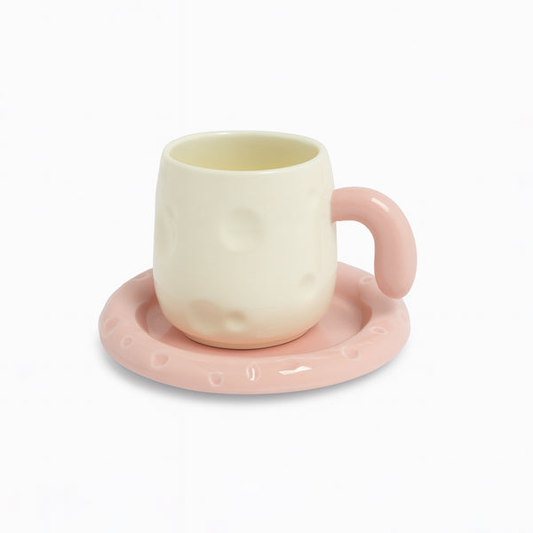 1512-15 Ceramic Mug & Saucer – 260ml – Cream & Pink Embossed Design with Curved Handle