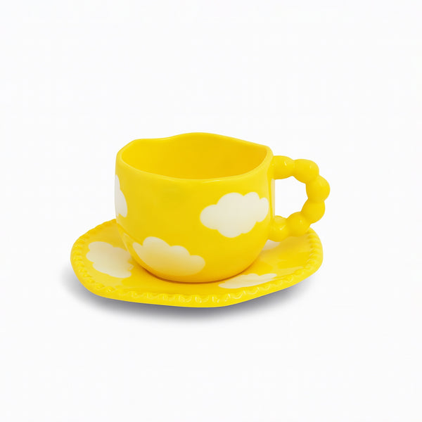 1519-02 Ceramic Mug & Saucer – 300ml – Yellow Cloud Design with Bubble Handle