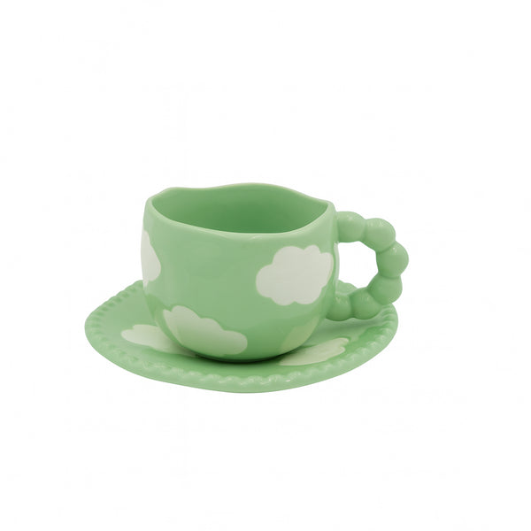 1519-04 Ceramic Mug & Saucer – 300ml – Green Cloud Design with Bubble Handle