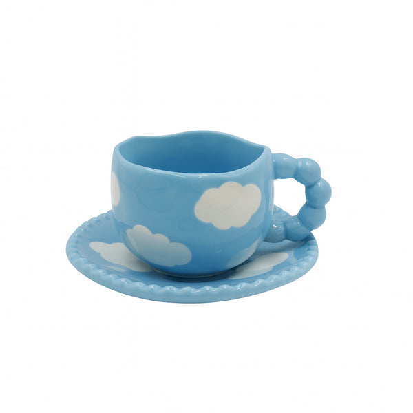 1519-01 Ceramic Mug & Saucer – 300ml – Blue Cloud Design with Bubble Handle
