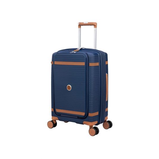 it luggage 21" Cabin Trolley Bag – Hard Case Expandable Spinner Luggage with Front Pocket, TSA Lock, Secure-it Zippers, PP Shell, SKU 15-3108-08 – Dark Blue with Leather Strap