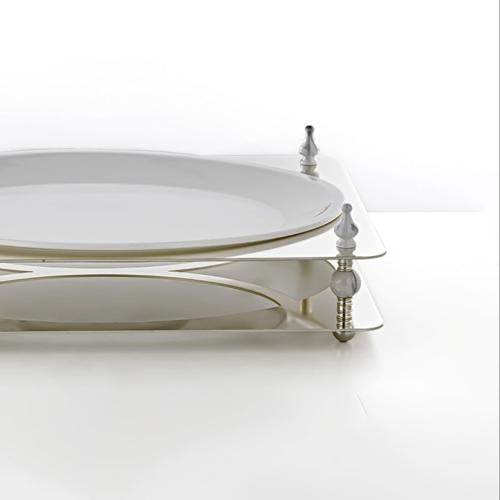 HM4113-S Oval Sweet Tray – Elegant Silver Finish with White Ceramic Plate – 43cm (L) × 32cm (W) x 8cm (H)