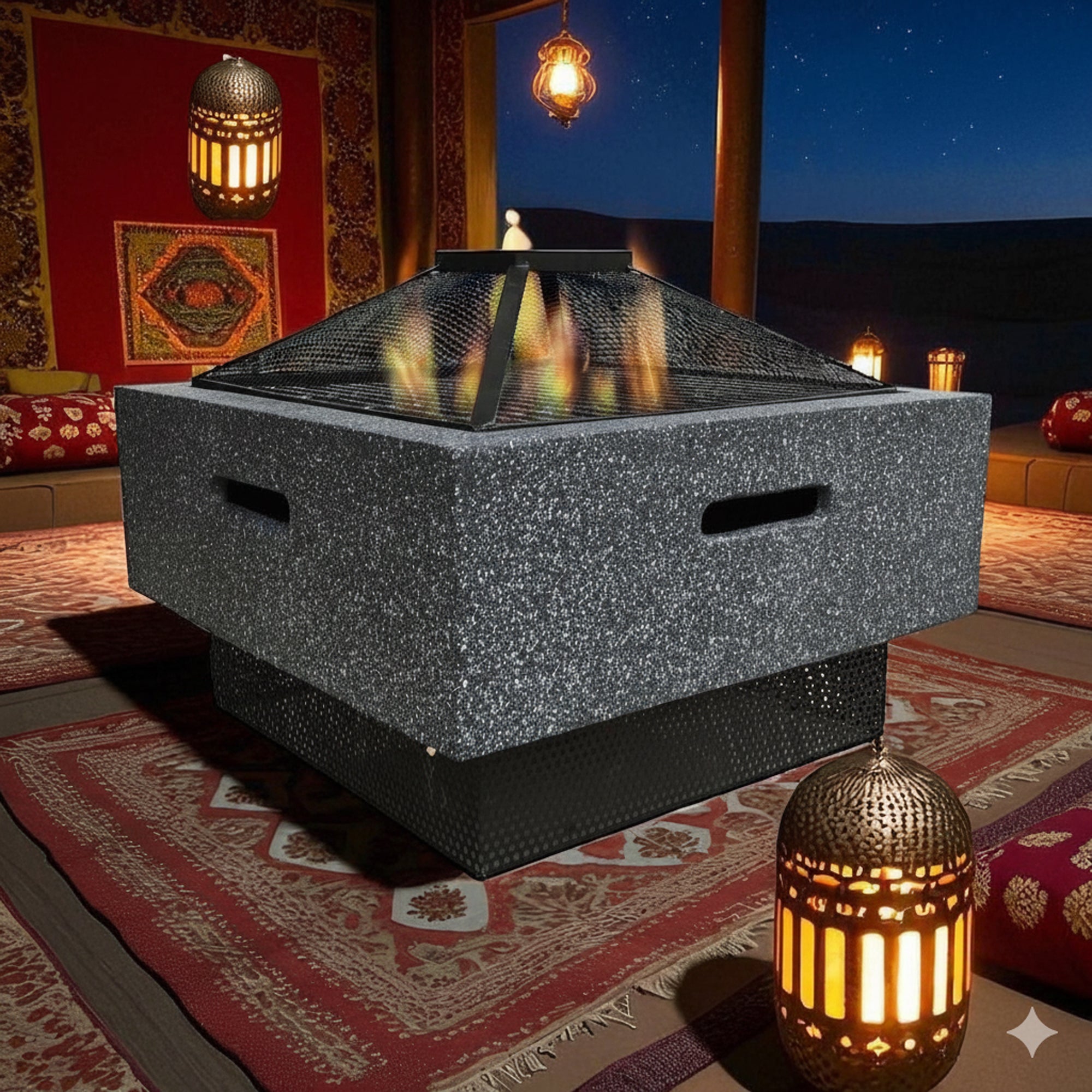 R19S0625039A شواية خارجية VIP مع حفرة نار - 52.5 × 52.5 × 41 سم - تصميم مربع على شكل حجر