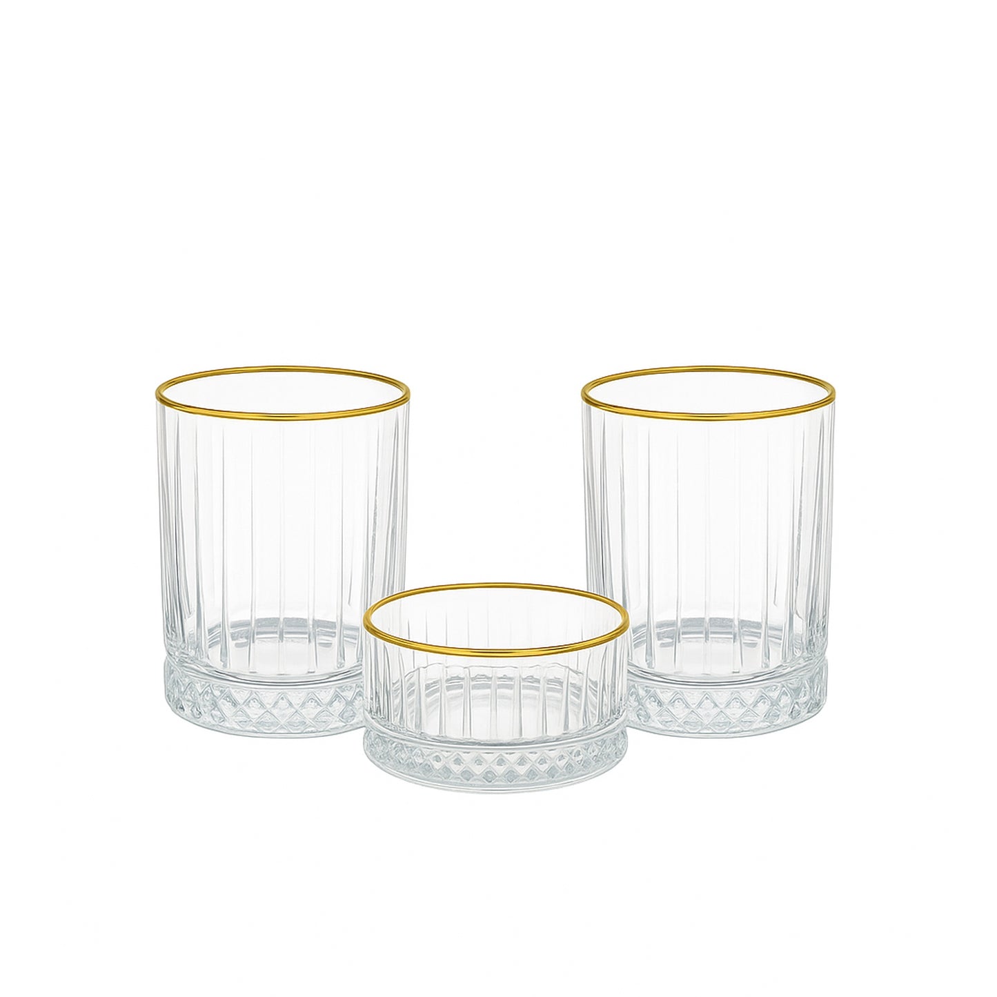 Whiskey Glass Set – 3 Piece – 2 x 355 cc Tumblers + 1 x 90 mm Small Bowl – Gold Rim – 96964