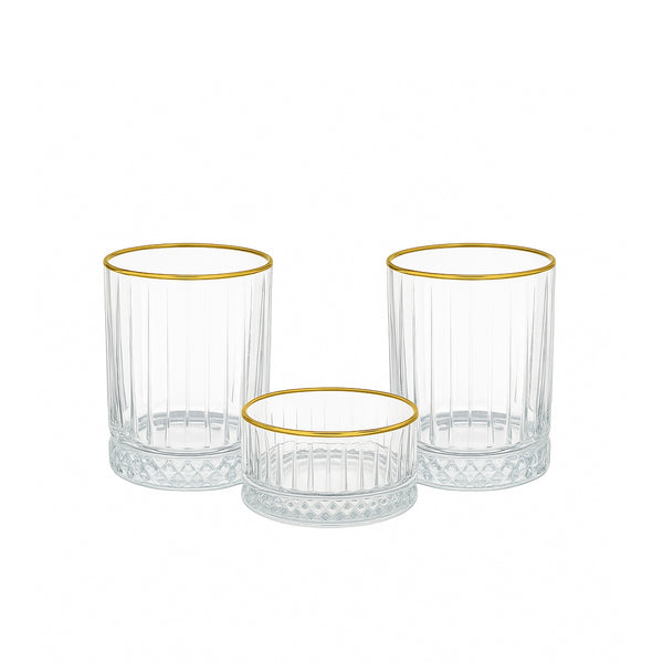 Whiskey Glass Set – 3 Piece – 2 x 355 cc Tumblers + 1 x 90 mm Small Bowl – Gold Rim – 96964