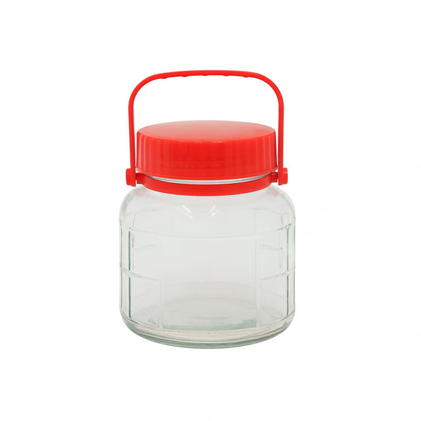 HMS20017 Glass Storage Jar 1L – Clear with Red Screw Lid & Carry Handle