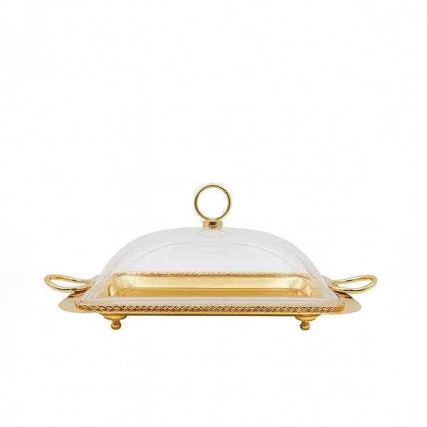 CD-7388 – Gold Rectangular Serving Tray with Acrylic Lid – 36cm (W) x 26cm (L)