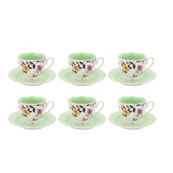 MA-21 Turkish Coffee Cup & Saucer Set – 12-Piece – Green Floral Design with Gold Rim