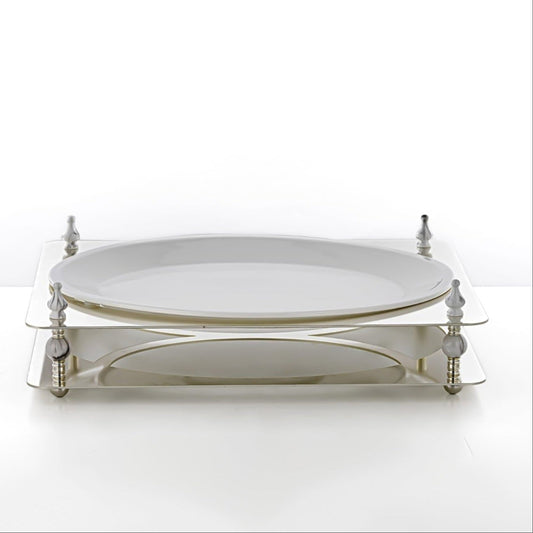 HM4113-S Oval Sweet Tray – Elegant Silver Finish with White Ceramic Plate – 43cm (L) × 32cm (W) x 8cm (H)