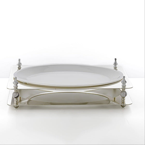 HM4113-S Oval Sweet Tray – Elegant Silver Finish with White Ceramic Plate – 43cm (L) × 32cm (W) x 8cm (H)