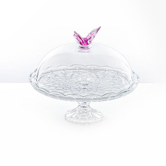 41275-330FL-BG Glass Round Plate With Dome & Pink Butterfly