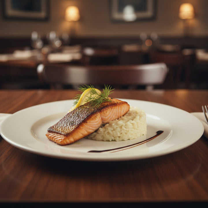 Plated dish of salmon and rice on a table in a restaurant setting