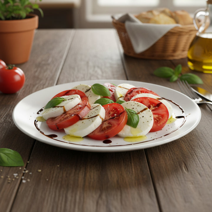 Caprese salad on a white plate with tomatoes, mozzarella, and basil on a wooden table.