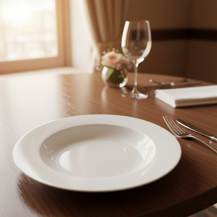 Dining table setting with a white plate, fork, knife, and glass on a wooden surface.