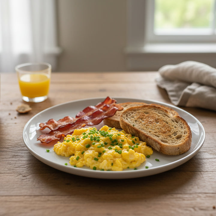 Breakfast plate with scrambled eggs, bacon, toast, and a glass of orange juice on a wooden table.