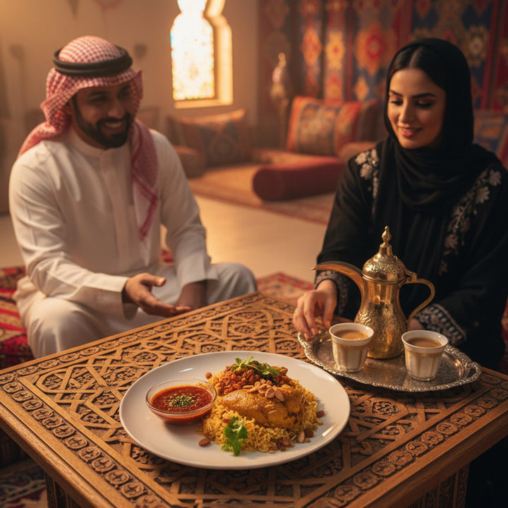 Two people in traditional Middle Eastern attire enjoying a meal and tea in a decorated room.