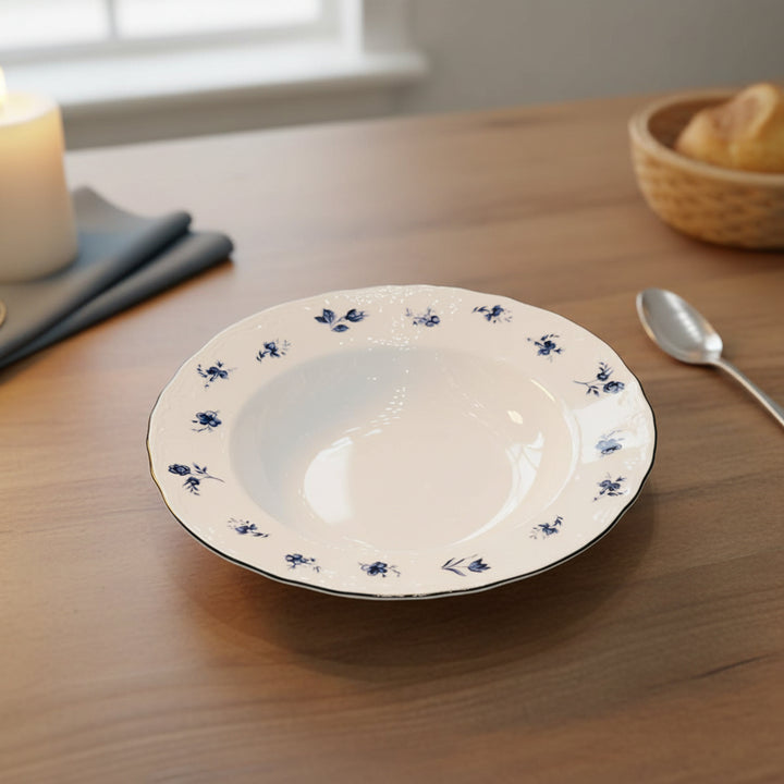 AB-001 8.5-Inch Ceramic Soup Plate with Blue Rim and Blue Floral Design | Siddiq Gifts Mussafah Abu Dhabi