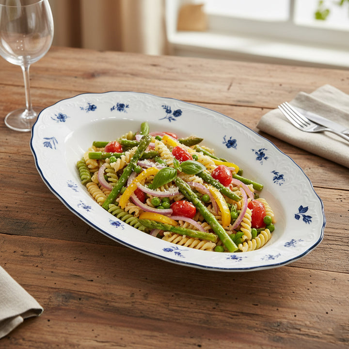 AB-002 9.75-Inch Ceramic Oval Serving Plate with Blue Rim and Blue Floral Design | Siddiq Gifts Mussafah Abu Dhabi