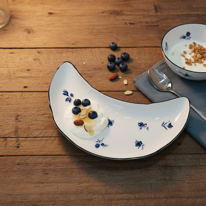 AB-003 Ceramic Moon Plate with Blue Rim and Blue Floral Design | Siddiq Gifts Mussafah Abu Dhabi