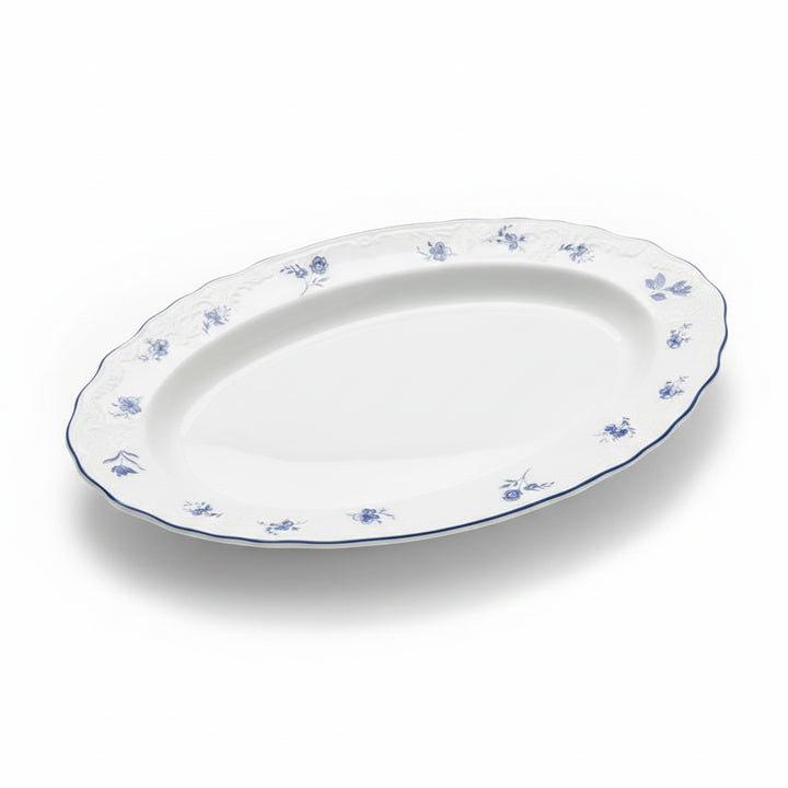 AB-005 14-Inch Ceramic Oval Serving Plate with Blue Rim and Blue Floral Design | Siddiq Gifts Mussafah Abu Dhabi