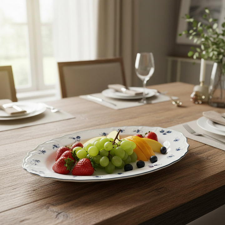 AB-005 14-Inch Ceramic Oval Serving Plate with Blue Rim and Blue Floral Design | Siddiq Gifts Mussafah Abu Dhabi