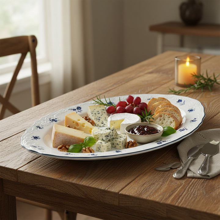 AB-005 14-Inch Ceramic Oval Serving Plate with Blue Rim and Blue Floral Design | Siddiq Gifts Mussafah Abu Dhabi