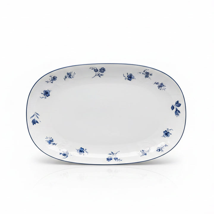 AB-011 12-Inch Ceramic Oval Serving Plate with Blue Rim and Blue Floral Design | Siddiq Gifts Mussafah Abu Dhabi