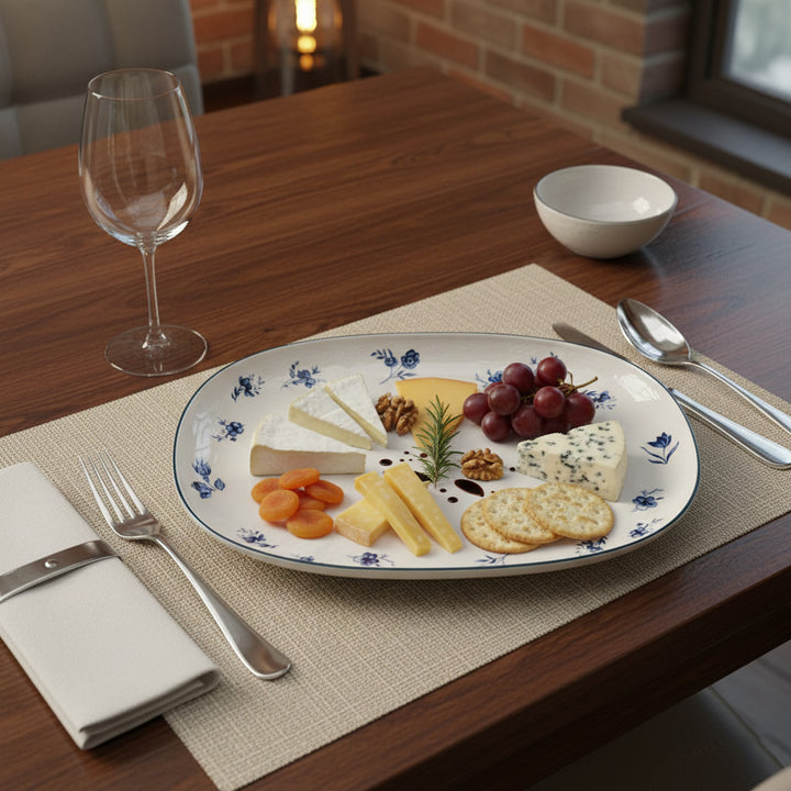 AB-011 12-Inch Ceramic Oval Serving Plate with Blue Rim and Blue Floral Design | Siddiq Gifts Mussafah Abu Dhabi