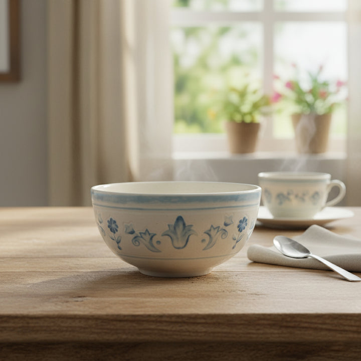Ceramic bowl with floral design on a wooden table, with a cup and saucer in the background.