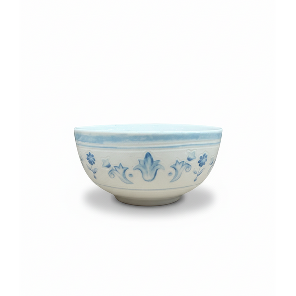 Ceramic bowl with blue floral patterns on a white background