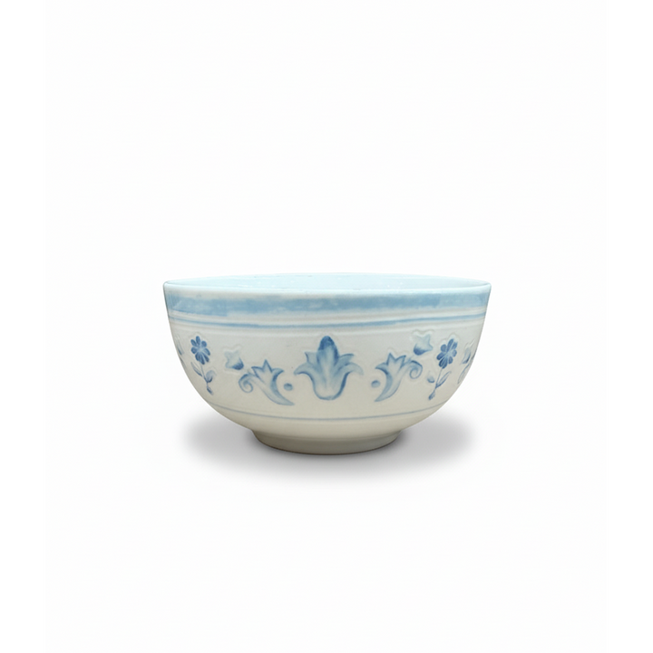 Ceramic bowl with blue floral patterns on a white background