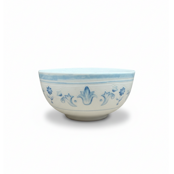 Ceramic bowl with blue floral patterns on a white background