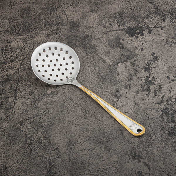 CUT0010402 Stainless Steel Skimmer – Small – Silver with Gold Accent Handle