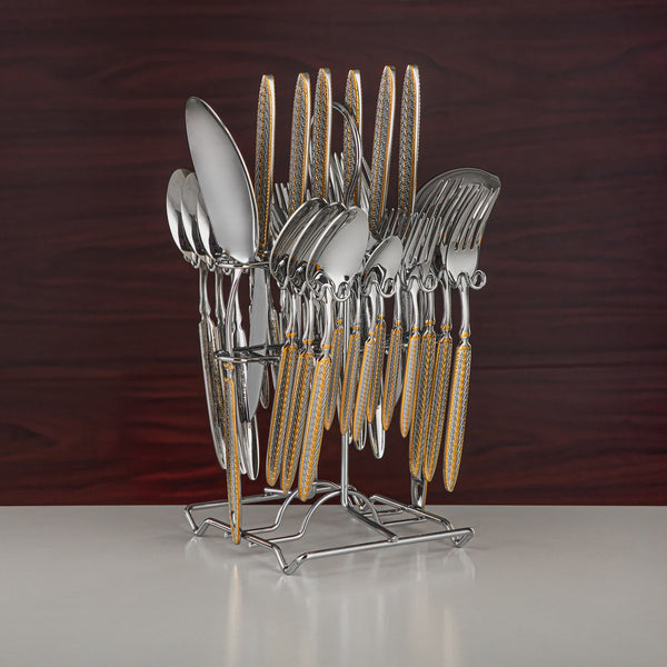 Cutlery Set – 32-Piece Stainless Steel with Gold Accent Handles & Stand – CUT0010446