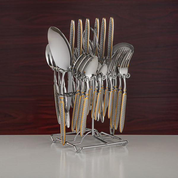 Cutlery Set – 32-Piece Stainless Steel with Dual-Tone Textured Handles & Stand – CUT0010447