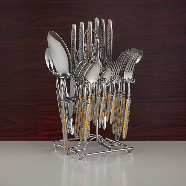 Cutlery Set – 32-Piece Stainless Steel with Ornate Gold Handle Design & Stand – CUT0010448