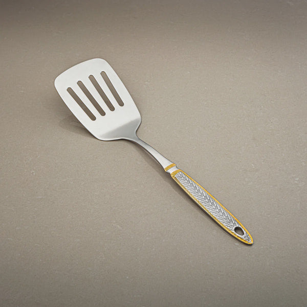 CUT0010488 Stainless Steel Slotted Turner – Small – Silver with Gold Accent Handle