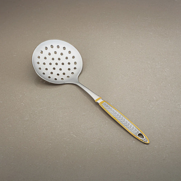 CUT0010490 Stainless Steel Skimmer – Small – Silver with Gold Accent Handle