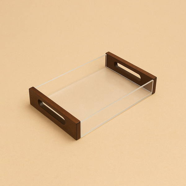 CD-7349 Acrylic Tray with Wooden Handles – 35cm  (W) x 23.5cm  (L) x 6cm (H)