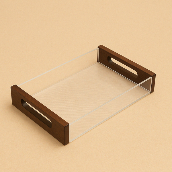 CD-7347 Acrylic Tray with Wooden Handles – 47cm (W) x 33cm (L) x 6cm (H)