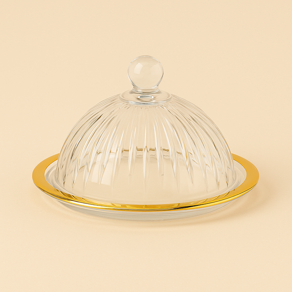 Elegant Clear Glass Cake Plate with Gold Rim and Dome – 15cm Diameter – JM2426
