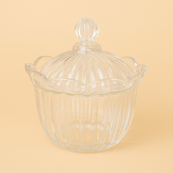 Clear Glass Sugar Bowl with Lid - 15cm(D) x 11cm (H) – Elegant Fluted Design – TG008